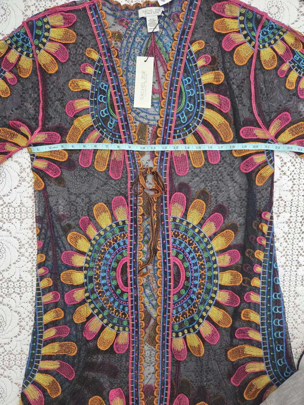 Rachel Zoe Black Sheer Multicolor Embroidered Kimono Cover-Up Size OS - Picture 6 of 8